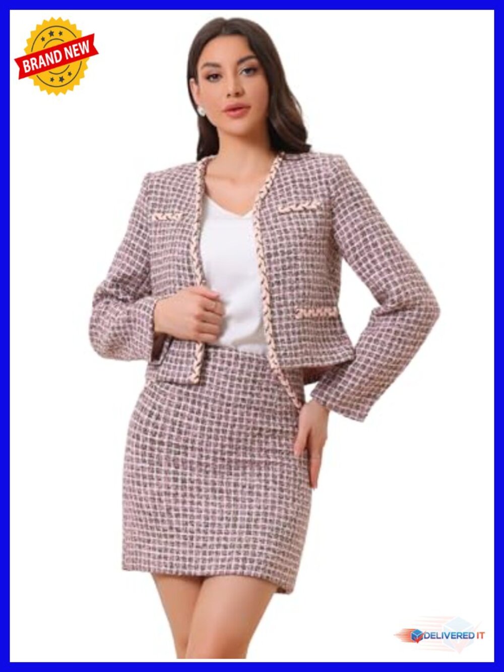 Women's 2 Piece Tweed Plaid Skirt Suit Set Collarless Blazer Mini Skirt